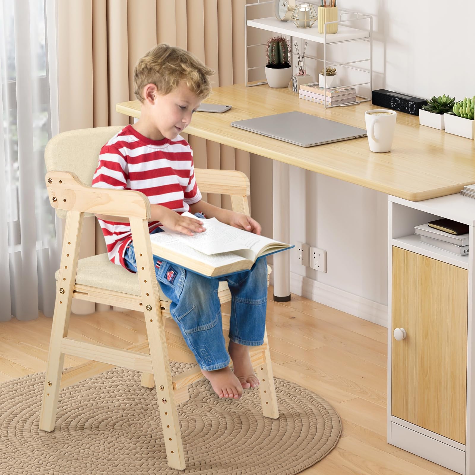 Seggiolone Pappa in Legno, Sedia da Bambini per Studio e Mangiare, Altezza Regolabile da 35 a 51 cm, Carico da 90KG, per Bambini 8+ Mesi (48 * 46 * 78 cm - Beige (1 pezzo))