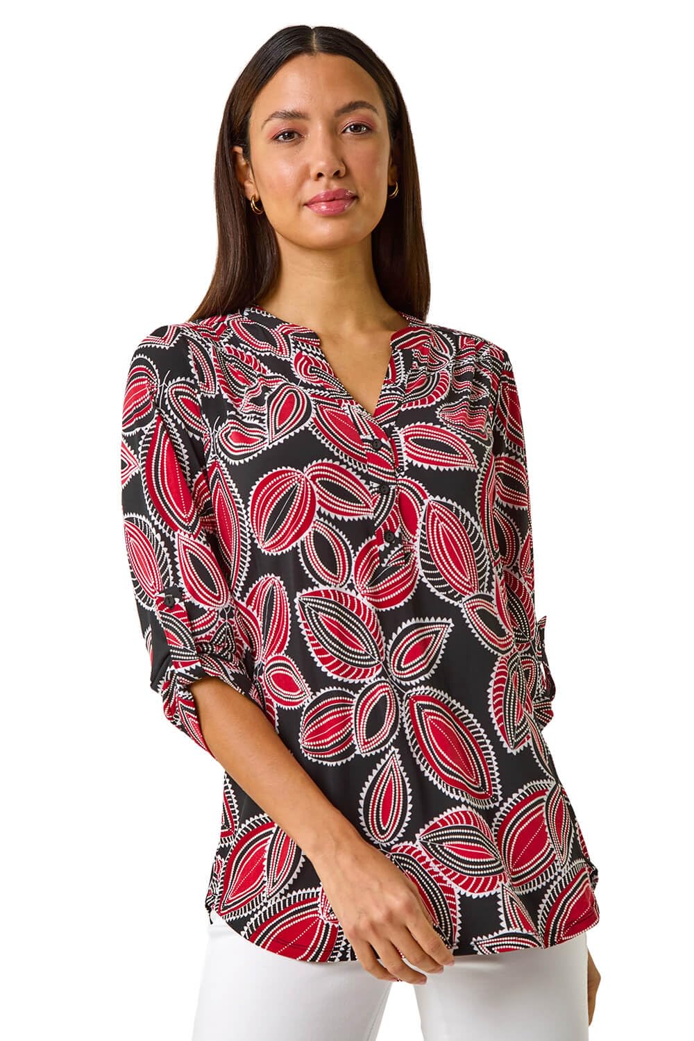 Roman Textured Leaf Print V-Neck Stretch Shirt - Red - Size 12 - Women's Blouse