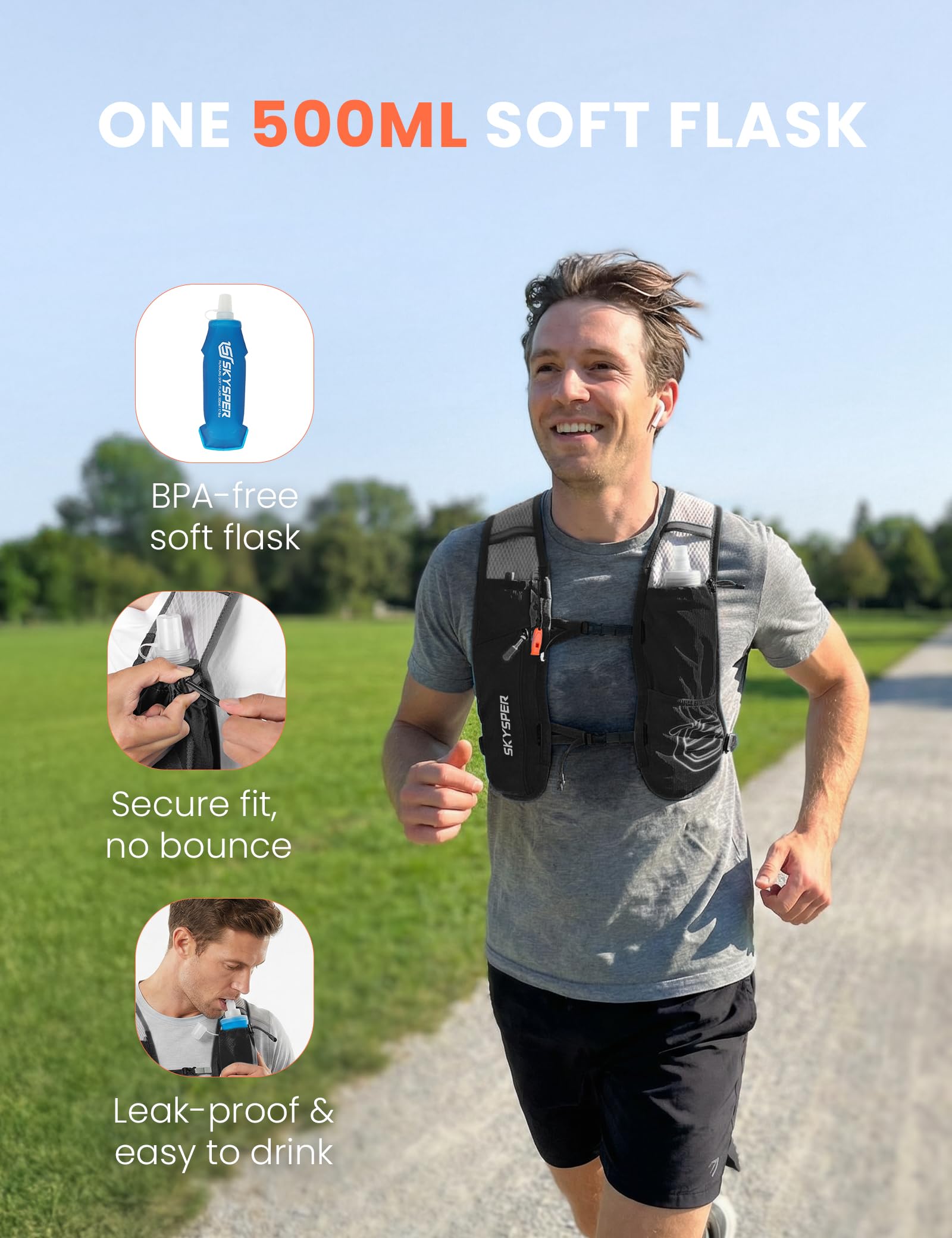 SKYSPER Gilet Trail Running 12L avec Gourde 500ml Sac Hydratation Veste Course Réfléchissante Respirante Poche Téléphone Homme Femme Marathon Jogging
