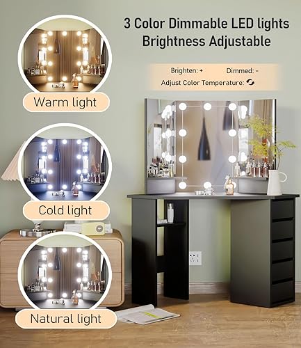 Miniatura 3 de Likein Tocador de maquillaje con estación de carga, tocador blanco de 36 pulgadas con espejo iluminado, escritorio de tocador con espejo y luces,