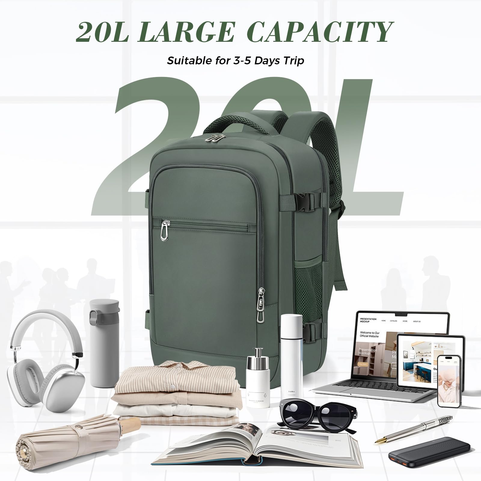 BAHIWOM Zaino per Ryanair 40x20x25, Bagaglio a Mano 20L Sotto il Sedile, Zaino Aereo Antifurto con Tasca PC 14 Pollici, Borsa da Cabina Uomo Donna per Lavoro Trekking - Verde