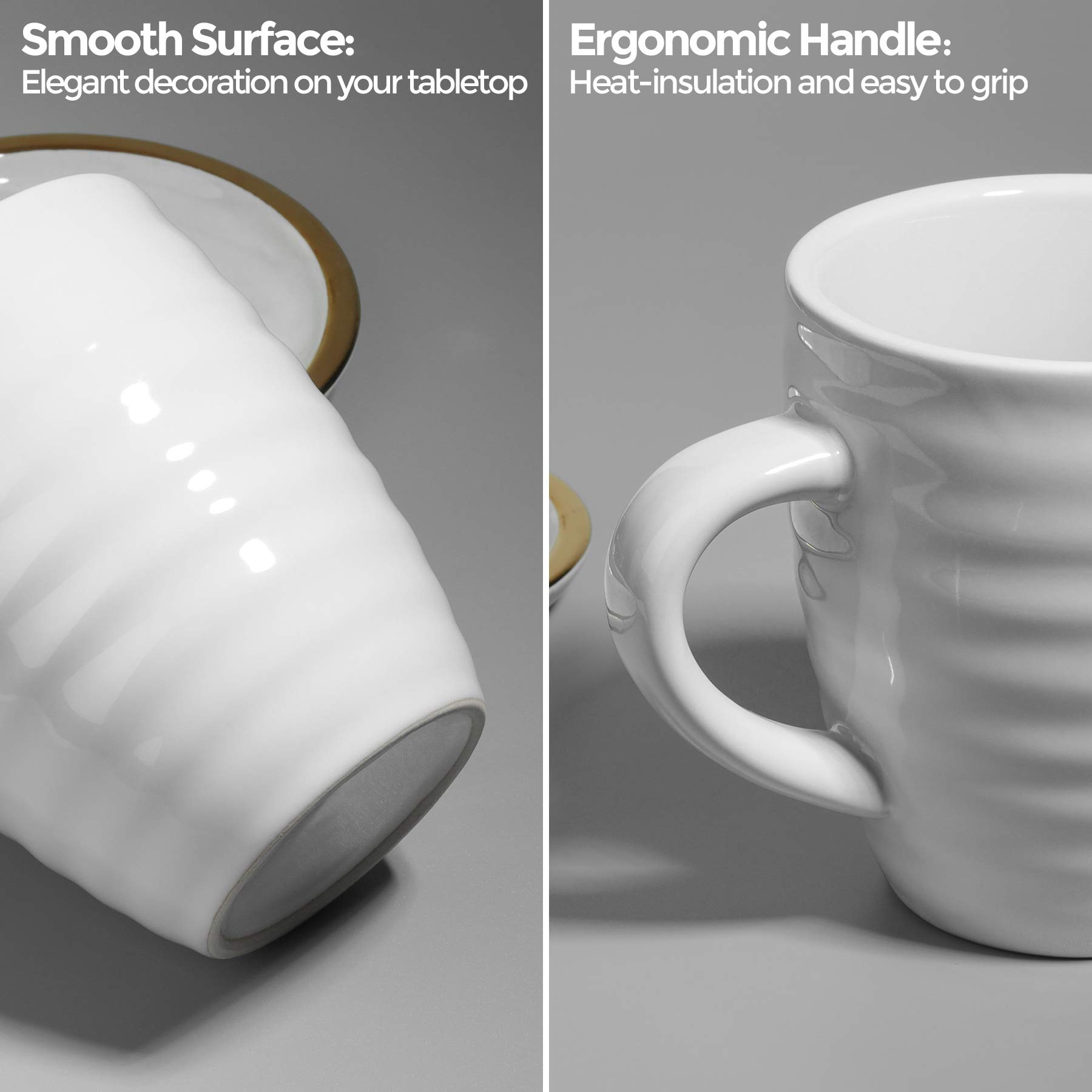 Comsaf Juego de Tazas de Café, 6 piezas Tazas de Desayuno en Cerámica, Juego de Tazas Infusiones con Mango, Copa de Té para Avena, Chocolate Leche y Cereales(Blanco)