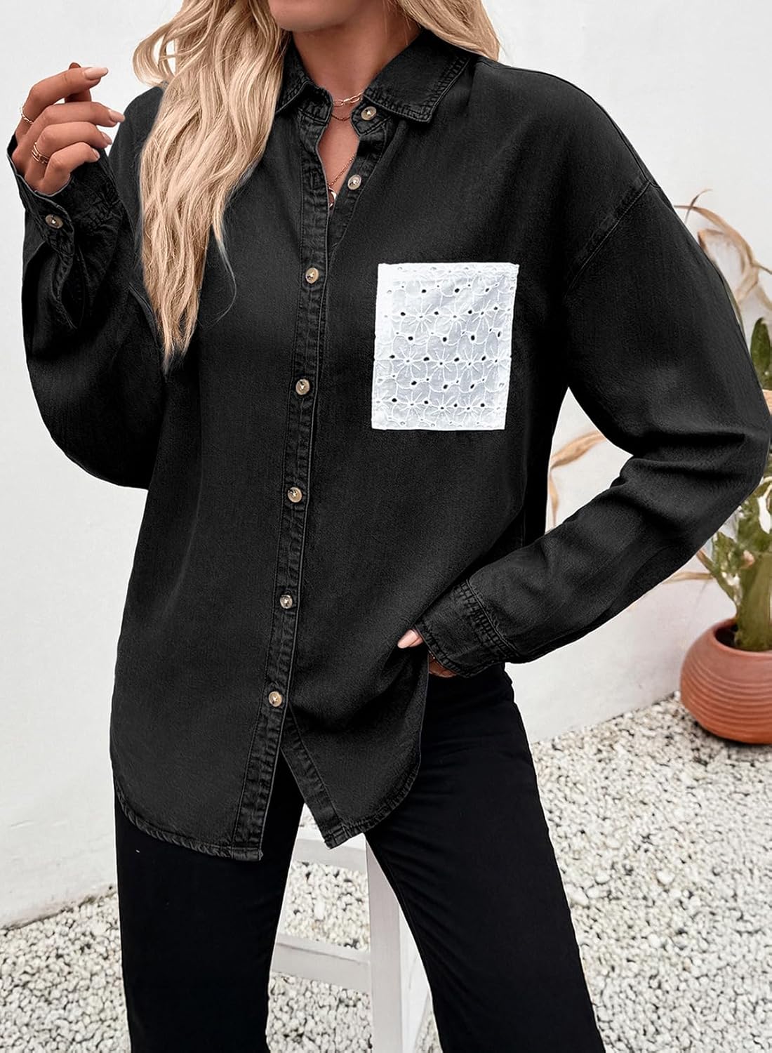 Sidefeel Women's Denim Shirt Button Down Long Sleeve Jean Shirt Shackt with Lace Pocket Denim Top - Image 3