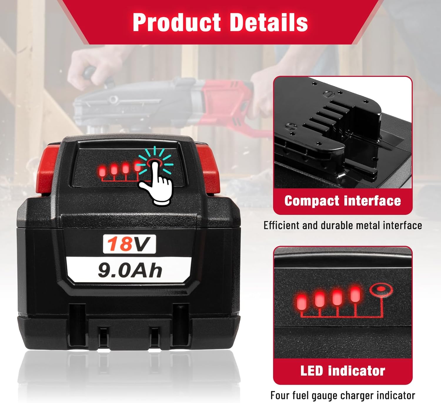 9000mAh 48-11-1880 High Output 18V Batteries Replacement for Milwaukee M18 48-11-1852 48-11-1865 48-11-1850 Lithium Ion Battery Compatible with Milwaukee 18 Volt Cordless Tools(2Pack) - Image 3