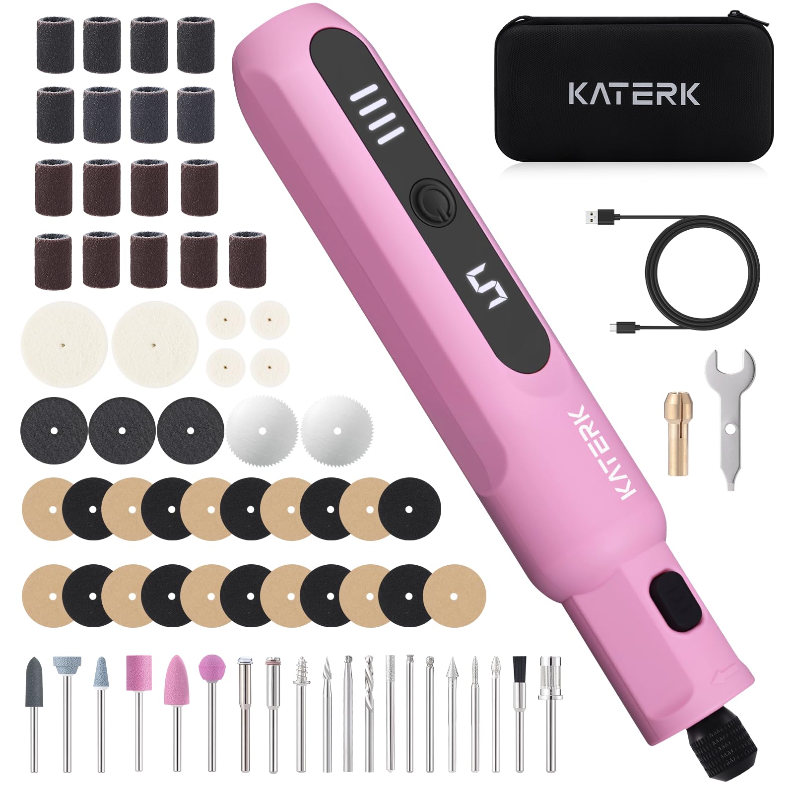 Katerk Kit de Herramientas de Amoladora, 5 Velocidades Herramienta Rotativa, 5000-20000RPM, Batería 2500mAh, 3.7V Mini Amoladora Eléctrica con 70 Accesorios para Grabar,Taladrar,Cortar, Esmerilar-Rosa