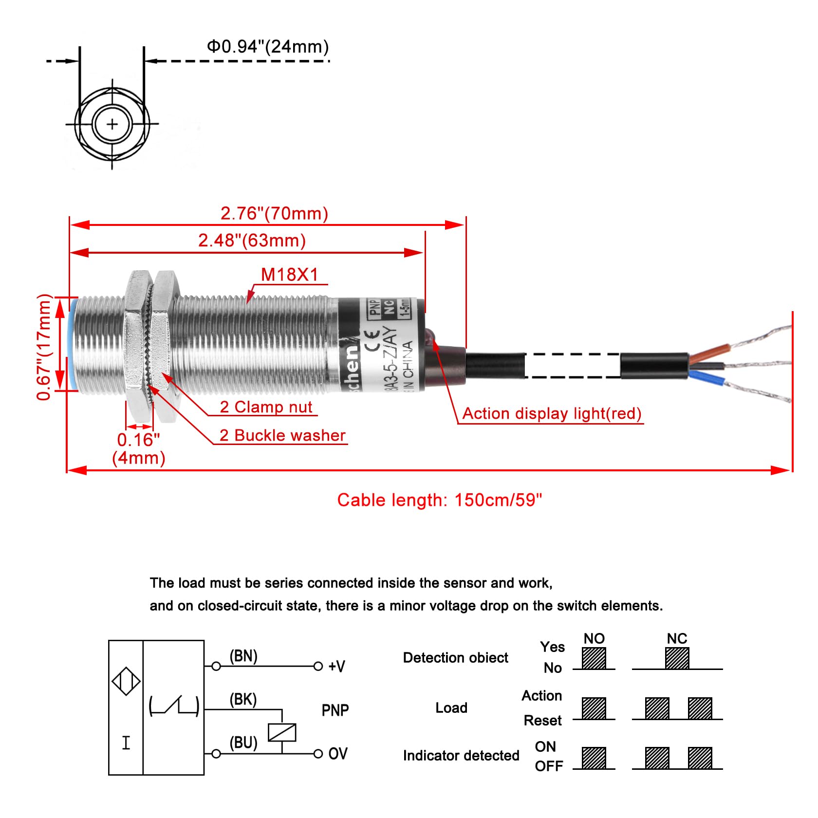 Heschen Capteur De Proximité Capacitif M18 LJC18A3-5-Z/AY - Détection 1-5mm PNP NC