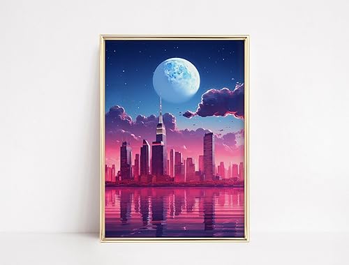 VAPORWAVE, SYNTHWAVE, RETRO Home Art, Game Room Poster Prints, Hiroshi Nagai, Abstract New york city landscape, VAPORWAVE Poster,224