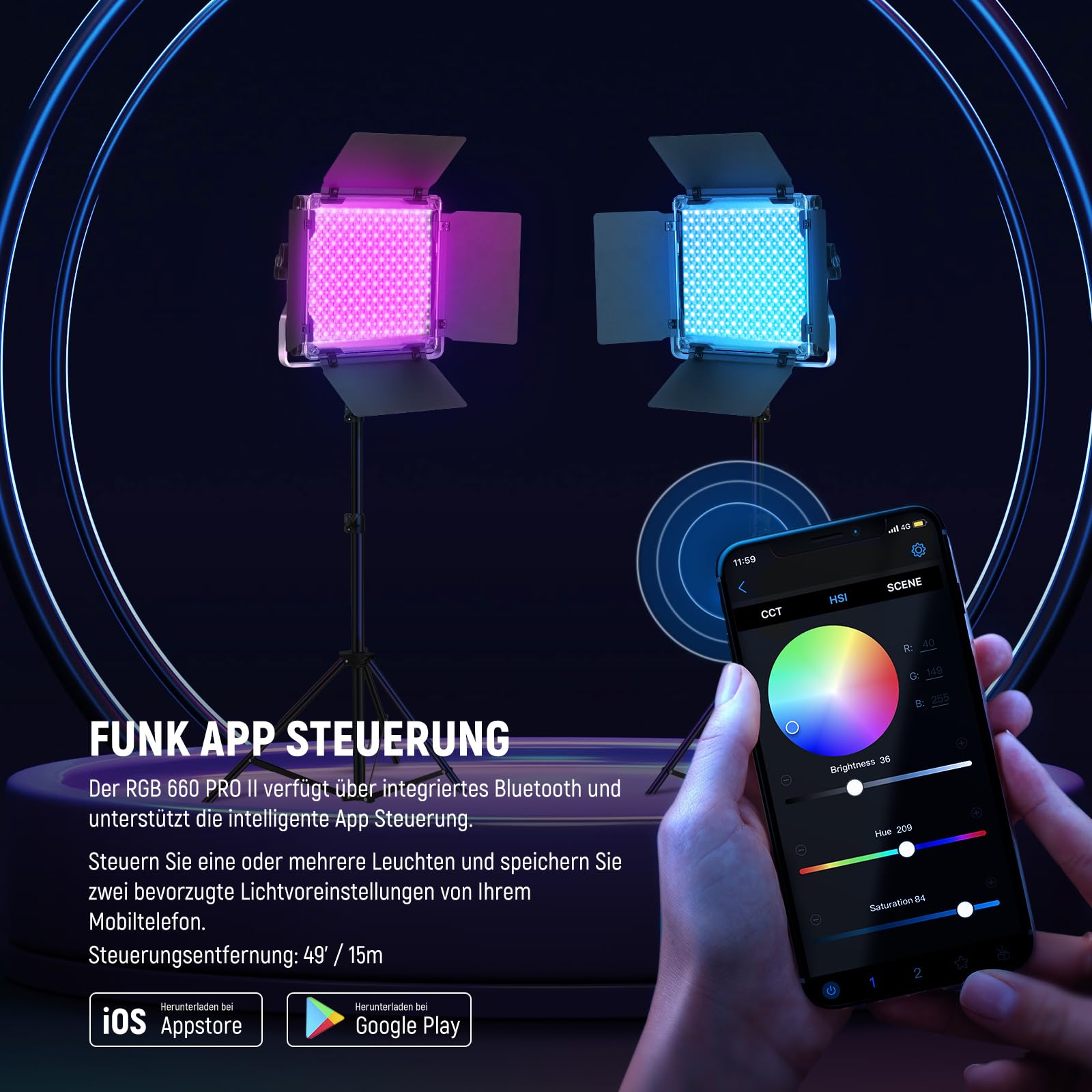 Neewer 2X Verbesserte 660 PRO II 50W RGB LED Videoleuchte Panel Set Stative Ständer mit App Steuerung Videolicht 360° Vollfarbe Video Fotolicht/CRI97+/3200K~5600K Studio Dauerlicht Fotografie Film – Bild 4