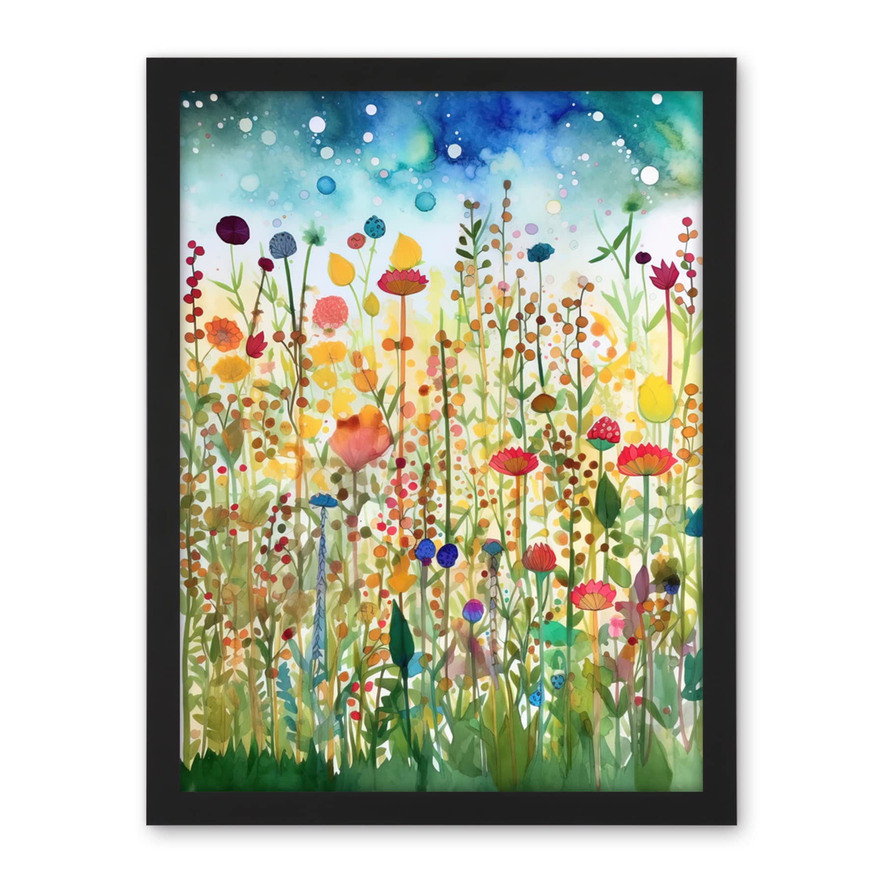 Artery8 Wildflower Meadow Folk Art Artwork Framed Wall Art Print 18X24 Inch