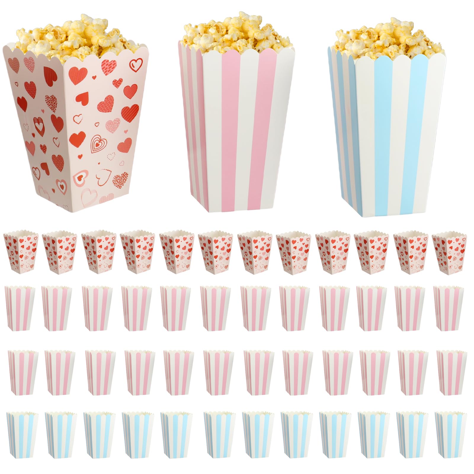 Popcorn Boxes 48-Pcs Set Popcorn Containers White Stripes, Suitable for Movie Theaters, Carnival Circus Parties, Birthday Parties (Pink * 24+Blue * 12+Love * 12)