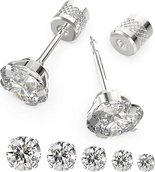 5-6 pairs Push-in Flat Back Stud Earrings Hypoallergenic Surgical Stainless Steel Cubic Zirconia Earrings Studs Set Multi-Pack, CZ Stud Earrings for Women Men Trendy Cartilage Stud Earrings 2-8mm