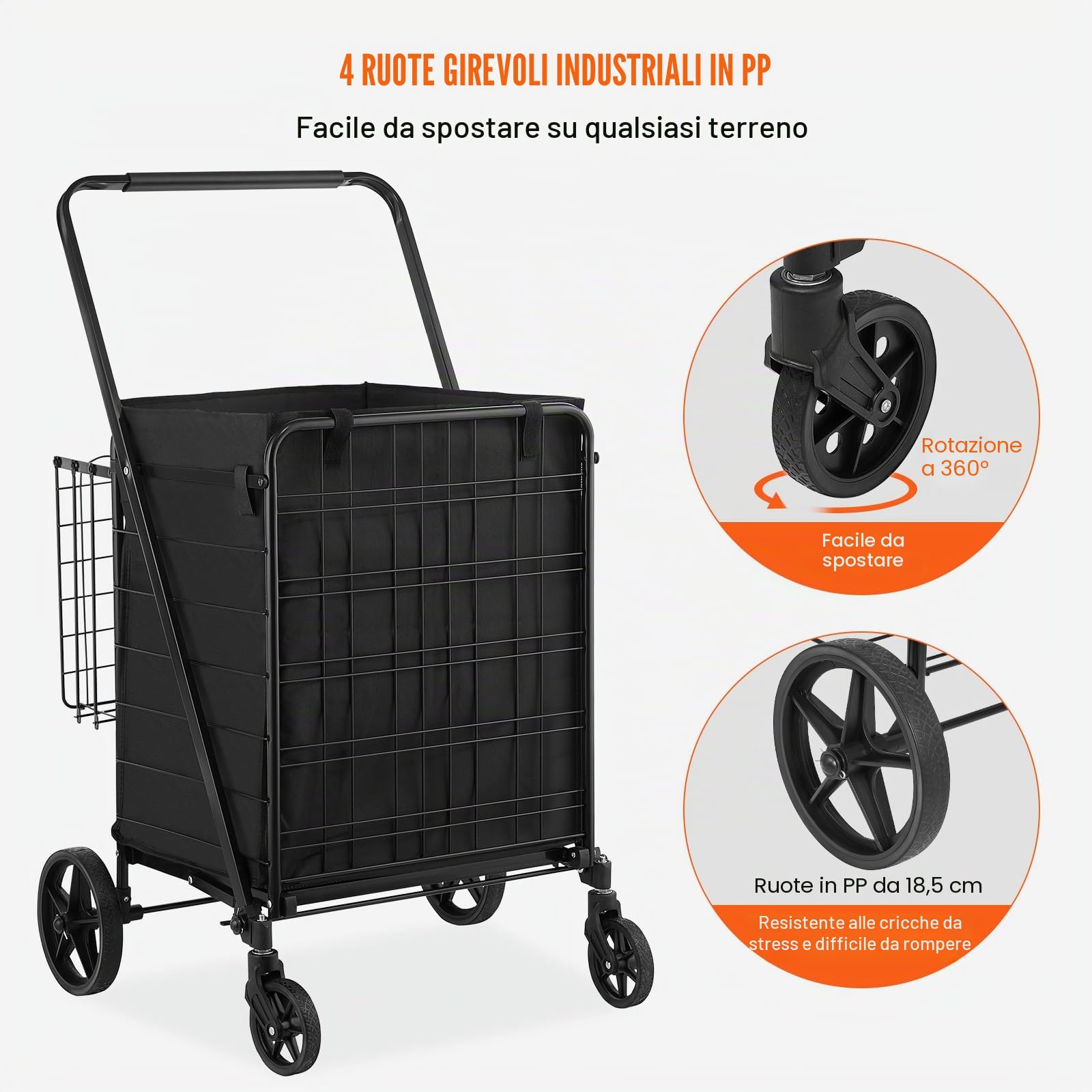 VEVOR Carrello Portabiancheria con 4 Ruote Cesto per Lavanderia Portabiancheria con Cesto Posteriore Portaoggetti Carico Max. 150,5 kg, Cestino Dimensioni Generali 638 x 662 x 1053 mm