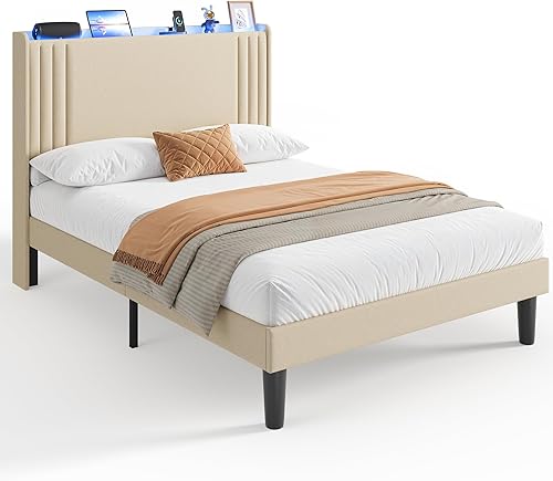 Miniatura 70 de Gizoon Base de cama Queen con cabecera de ala, plataforma tapizada con cabecera geométrica moderna, listones de madera, sin ruido, no necesita
