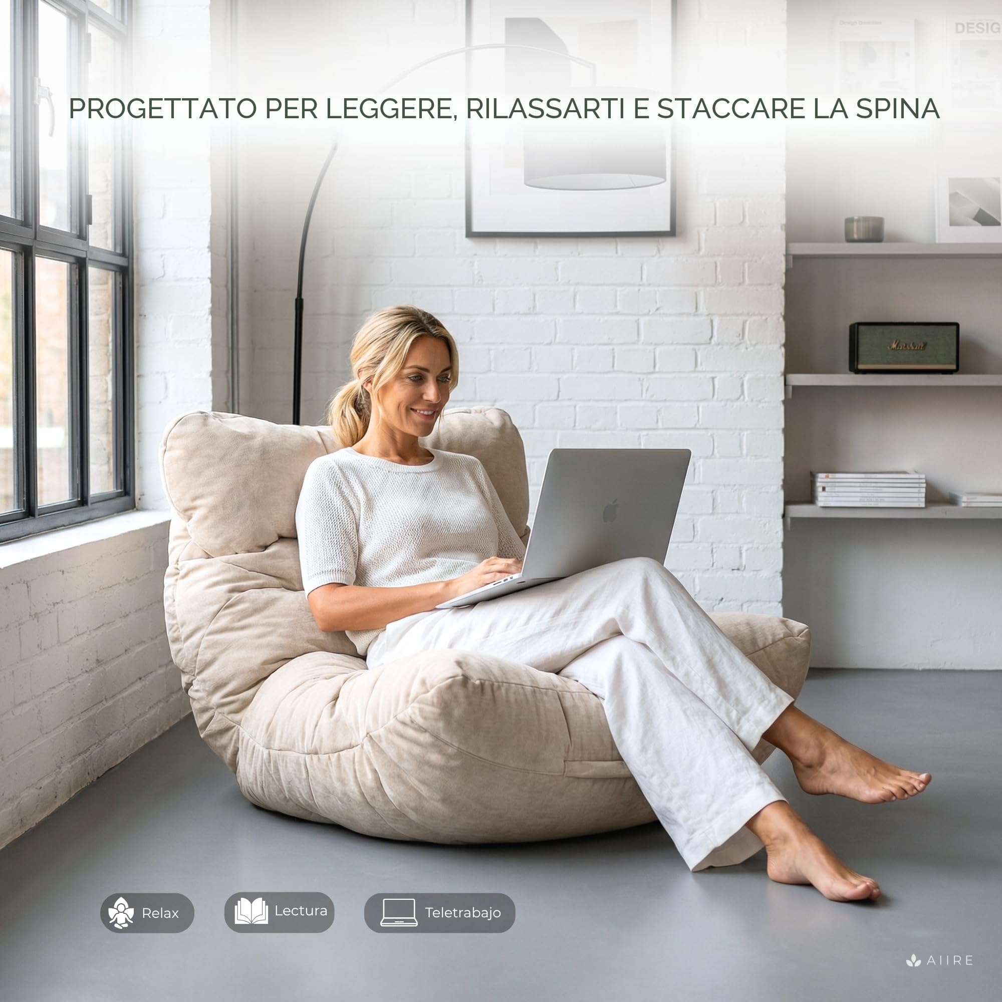 Aiire Pouf Poltrona Sacco di Design - Puff per Sedersi in Cotone con Imbottitura Inclusa - Bean Bag Chair per Salotto, Camera da Letto o Lettura - Pouffe Moderno Beige