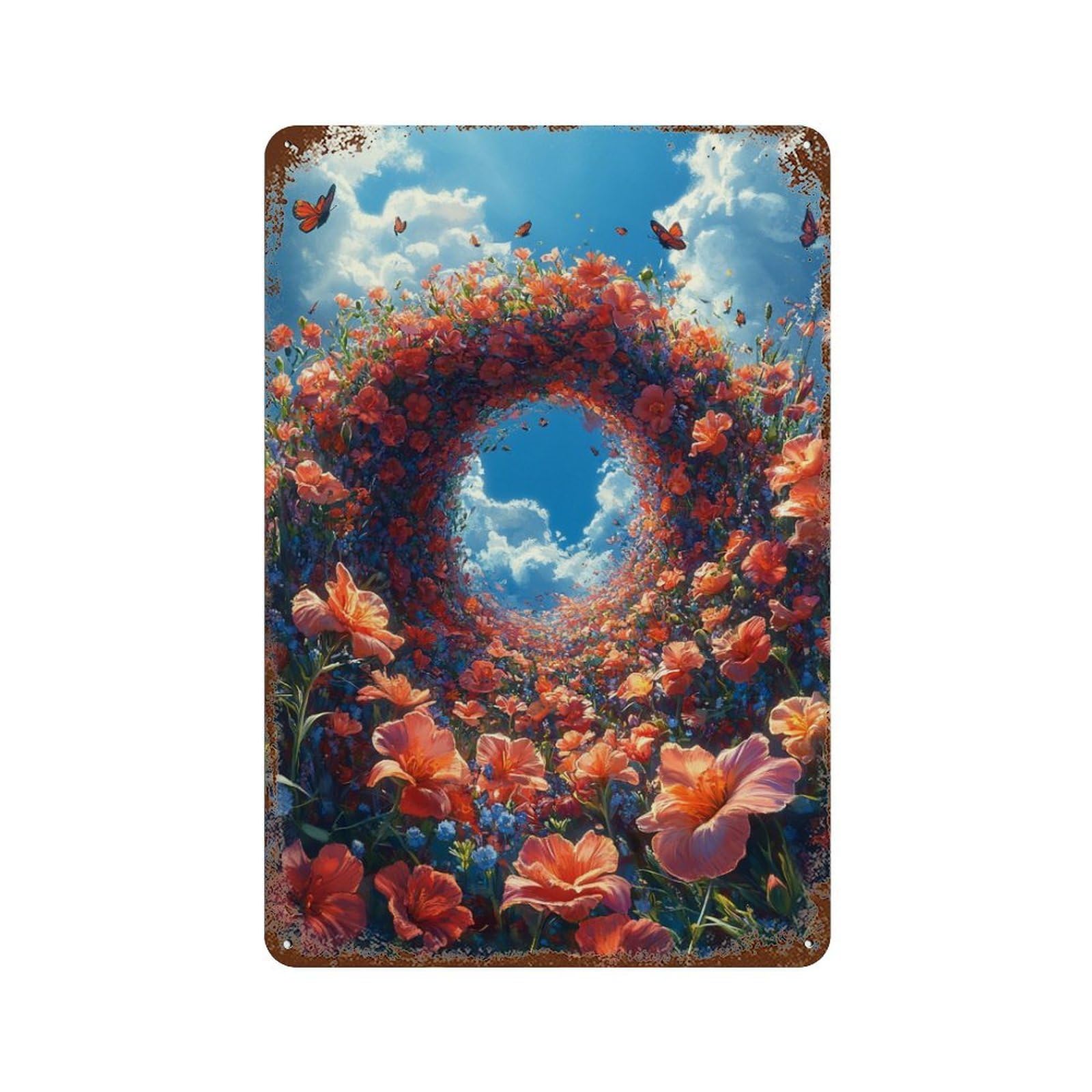 Rust Effect Floral Tunnel with Butterflies Weathered Tin Sign 11.8"x7.9", Novelty Wall Decor for Office, Studio And Wall Decor