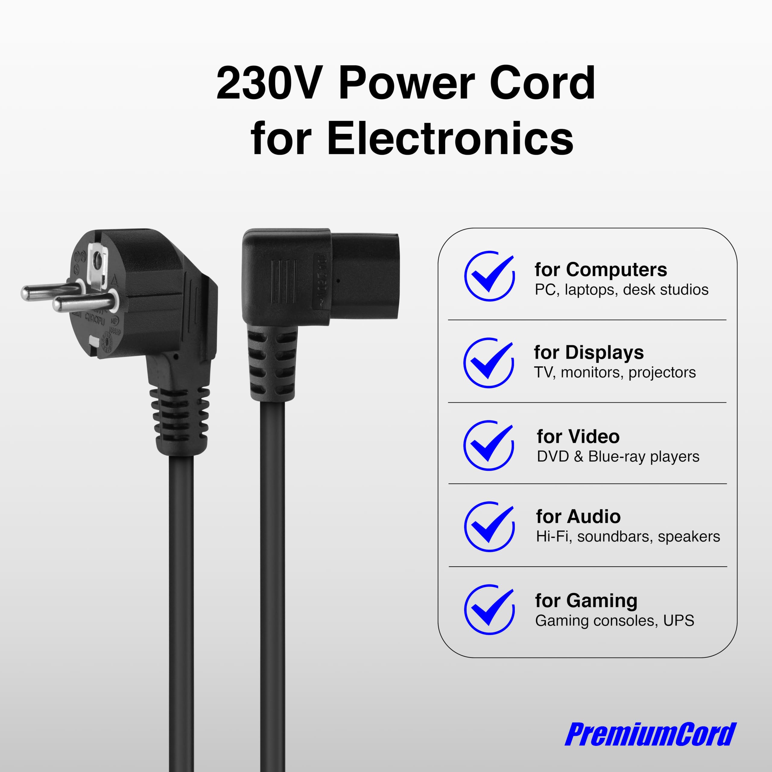 PremiumCord Câble d'Alimentation de 230V 5m, Câble d'Alimentation Avec Contact de Mise à la Terre à Angle Par Papport à la Prise C13, IEC de Fourniture PC à 3 Broches C13, Couleur Noire
