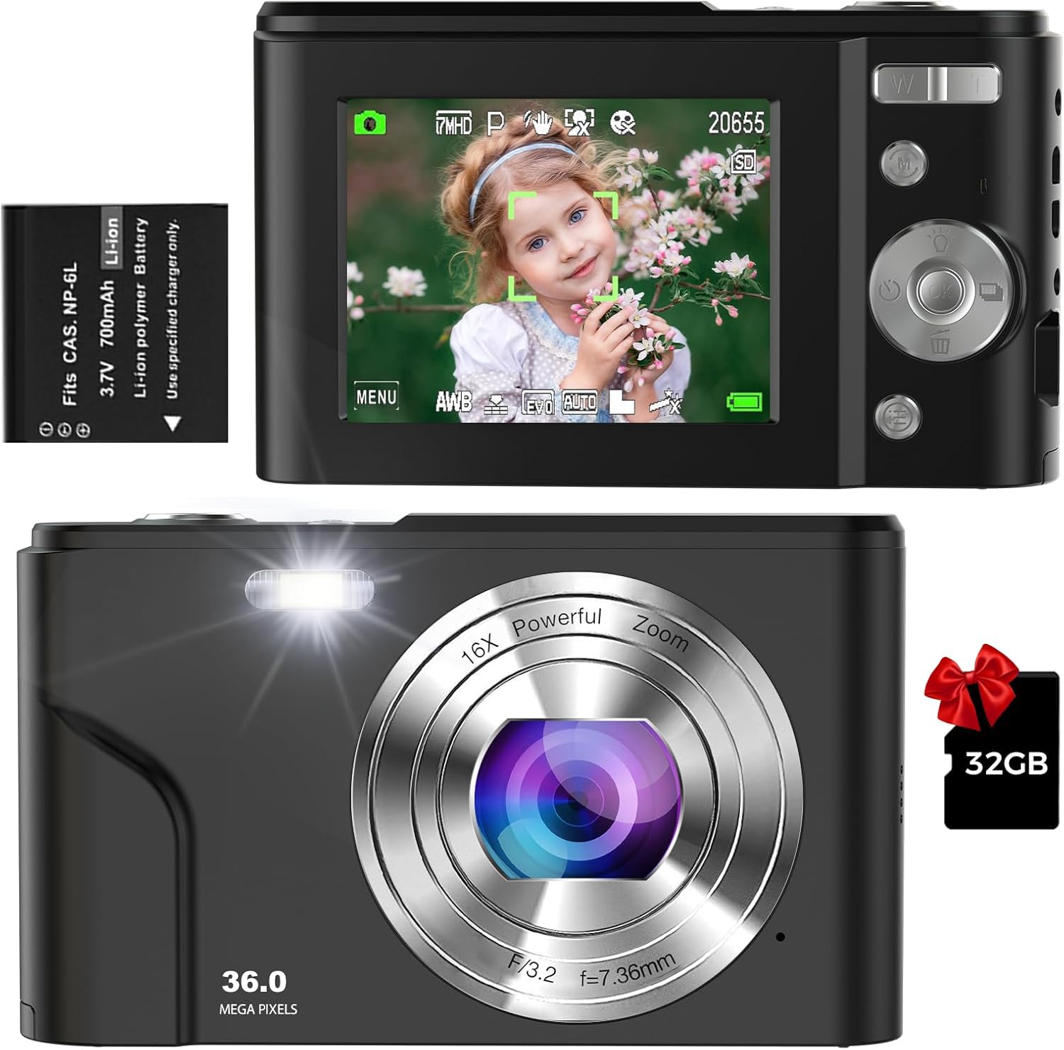 Digital Camera, 1080P Full HD Compact Camera 36MP Vlogging Camera with
