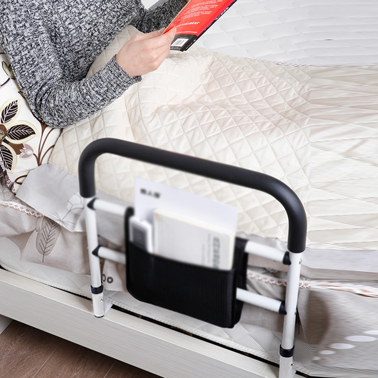 Sponde per letto per anziani, supporto di sicurezza pieghevole con organizer e maniglia antiscivolo, supporta fino a 150 kg per problemi di mobilità