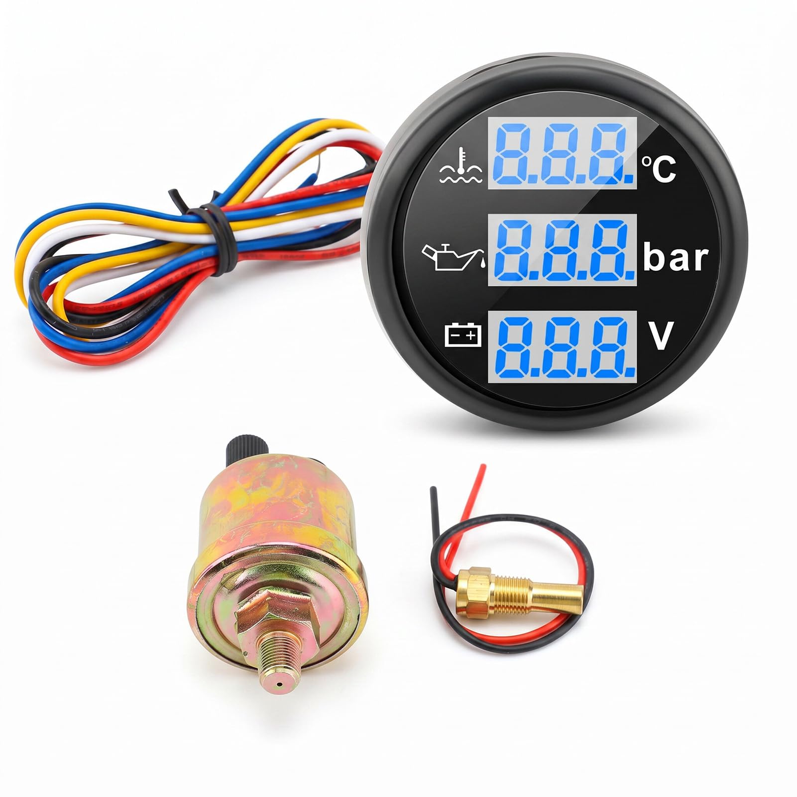 Voltímetro de Presión de Aceite y Temperatura del Agua para Barcos, 52mm | 3 en 1 Pantalla digital, IP67 Prueba de Agua, Multifunctional Juego de Calibre Triple para Vehículos Base Negra Marco Negro