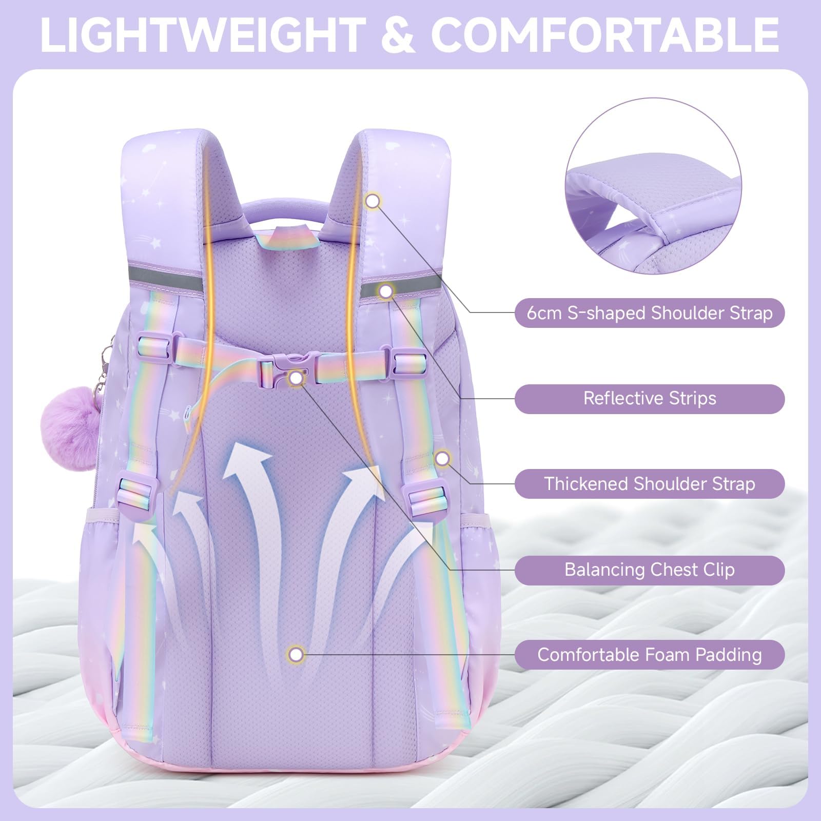 Amythe Mochila para Niñas, Mochila Escolar Niña Ergonómica con Rayas Reflexivas, Mochila Primaria Infantil de Ocio con Lindo pompón para Escuela y Viajes, 20L, Rosa-Violeta