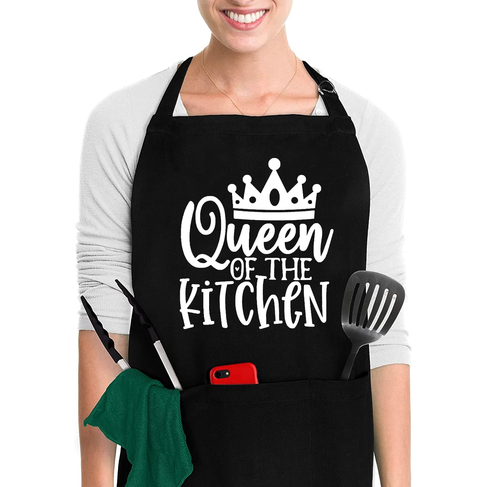 Mh Home Women's Black Aprons For Chef, Adjustable Bbq Grill, Novelty And Kitchen Apron With Pockets, Birthday, Thanksgiving, Christmas Cooking Gifts For Mom & Friends