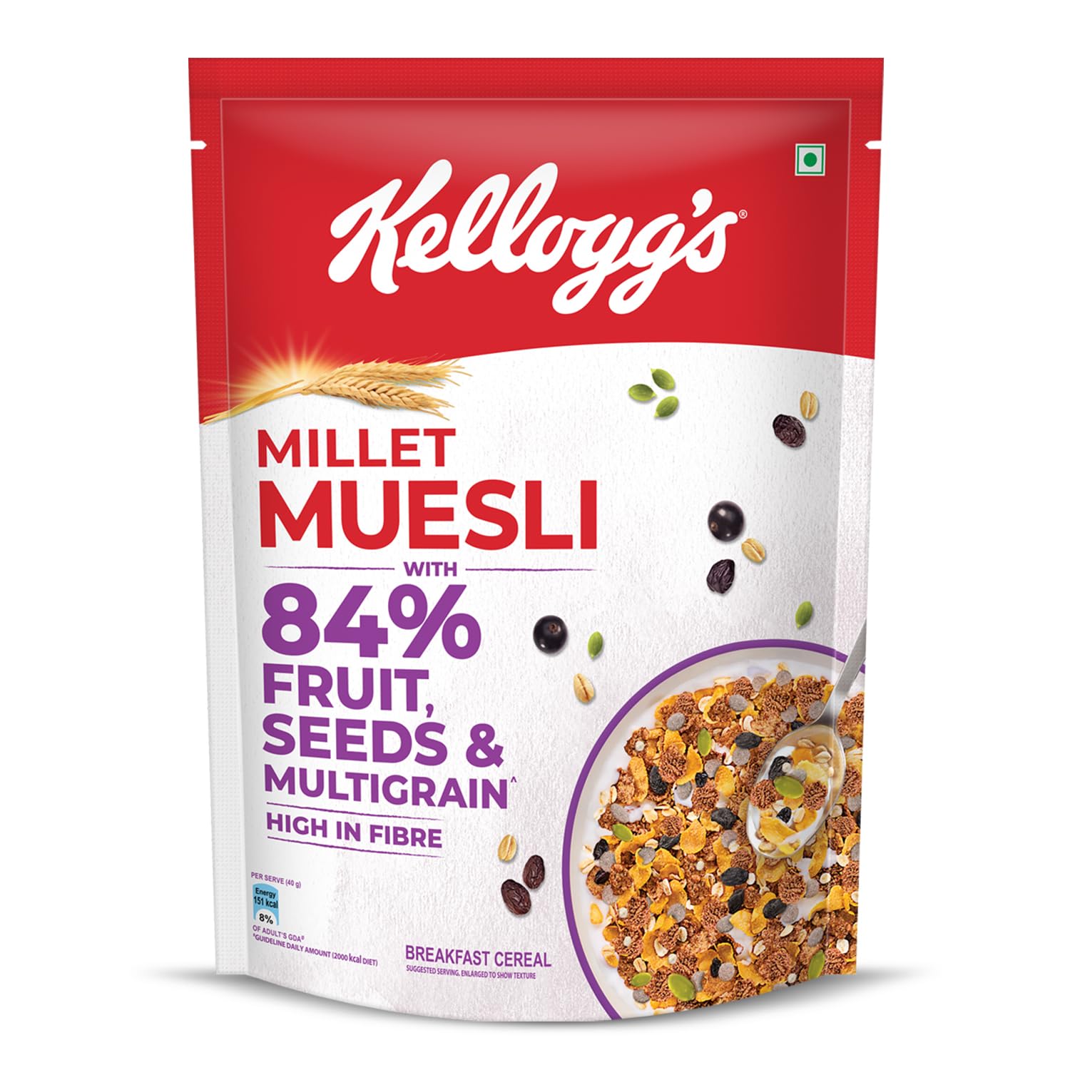 Kellogg's Millet Muesli with 84% Fruit, Seed & Multigrain| Power Breakfast | No Maida No Palm Oil | India's No 1 Muesli | 500g