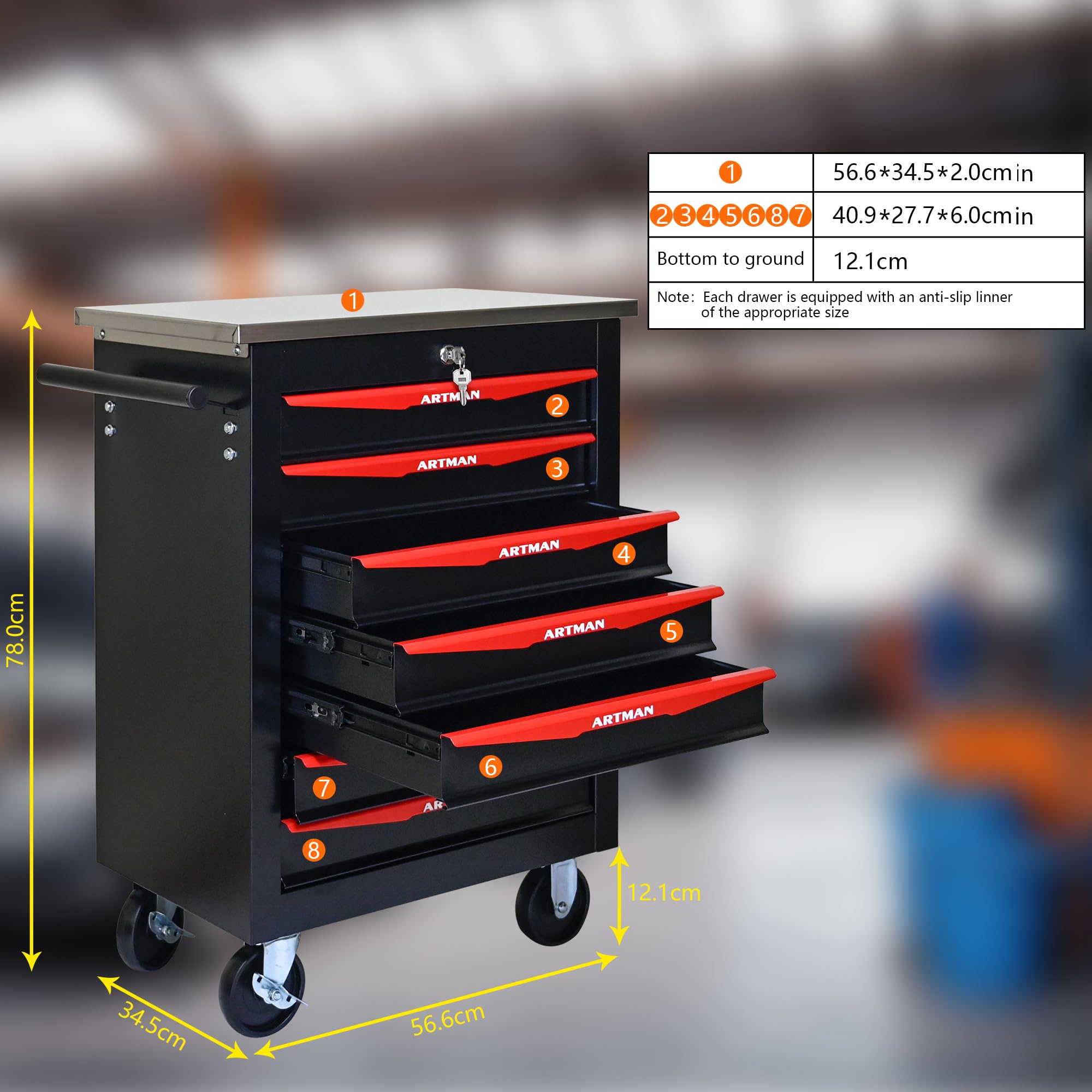 Generisch Carrello portautensili a 7 cassetti con 4 volanti e chiavi di sicurezza – Cassetti con cuscinetti a sfera, verniciatura a polvere per garage e officina, nero e rosso
