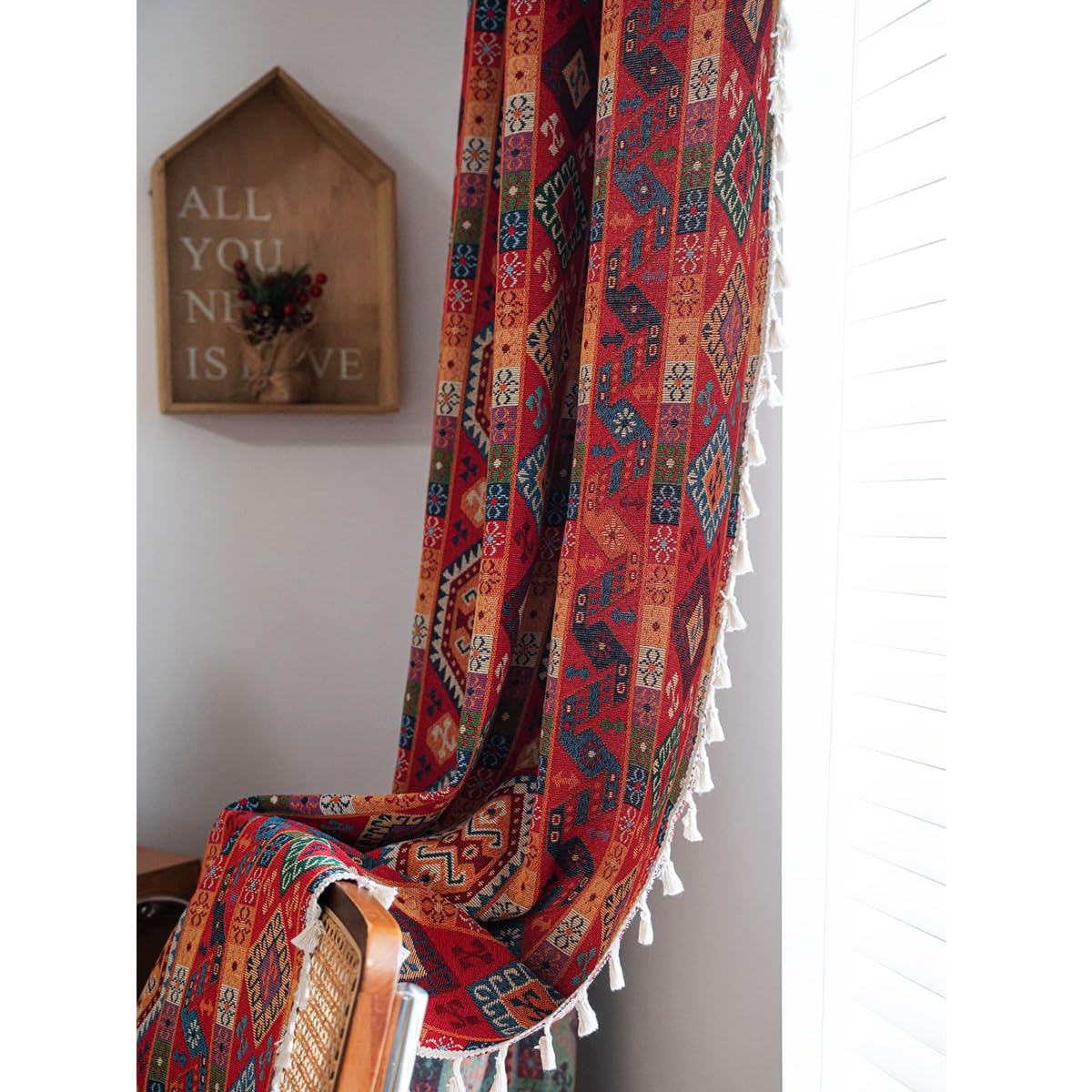Bohemian Gardinen Vintage Boho Vorhang Blickdicht Leinenoptik Baumwolle Ethno Rot Geometrisch Vorhänge mit Quaste Rod Pocket für Wohnzimmer Schlafzimmer 1 Stück B150×H240cm