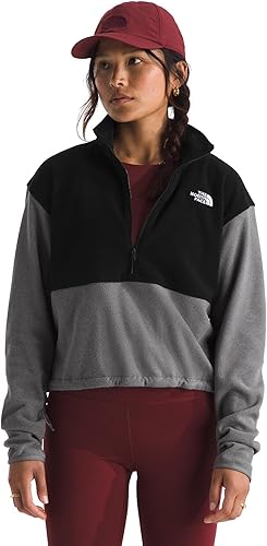 The North Face Women's Glacier Fleece Half Zip Short Jacket - 1/2 Zip Pullover Jacket, Zip Pockets, Stretch Fabric, TNF Mid Grey Heather/TNF Black, X-Small