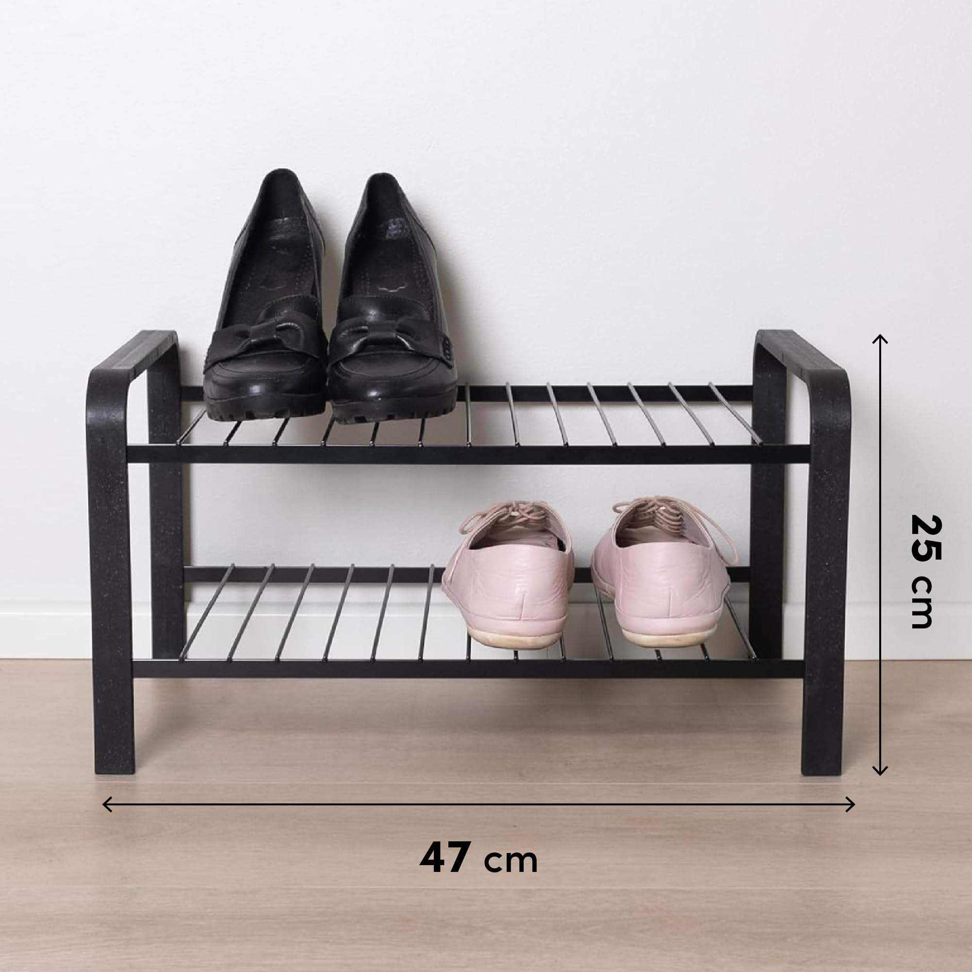 LM 393 Schoenenrek van eco-hout, gepoedercoat schoenenrek, ruimtebesparend, 1070 mm breed, ideaal voor kast, gangmeubels en voor kleine ruimtes, schoenenorganizer voor kast en kasten (2 niveaus, zwart