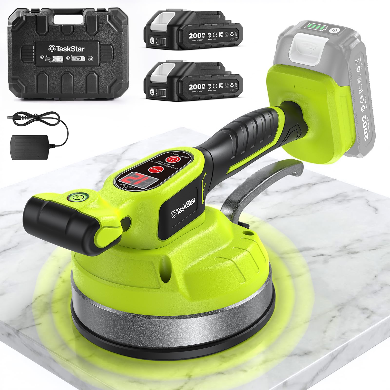 Taskstar Vibratore per piastrelle, compatibile con batteria Makita 18V, ventosa 160 mm (113 kg), 26.000 giri/min, 12 velocità, per piastrelle grandi fino a 122 cm, attrezzo installazione professionale