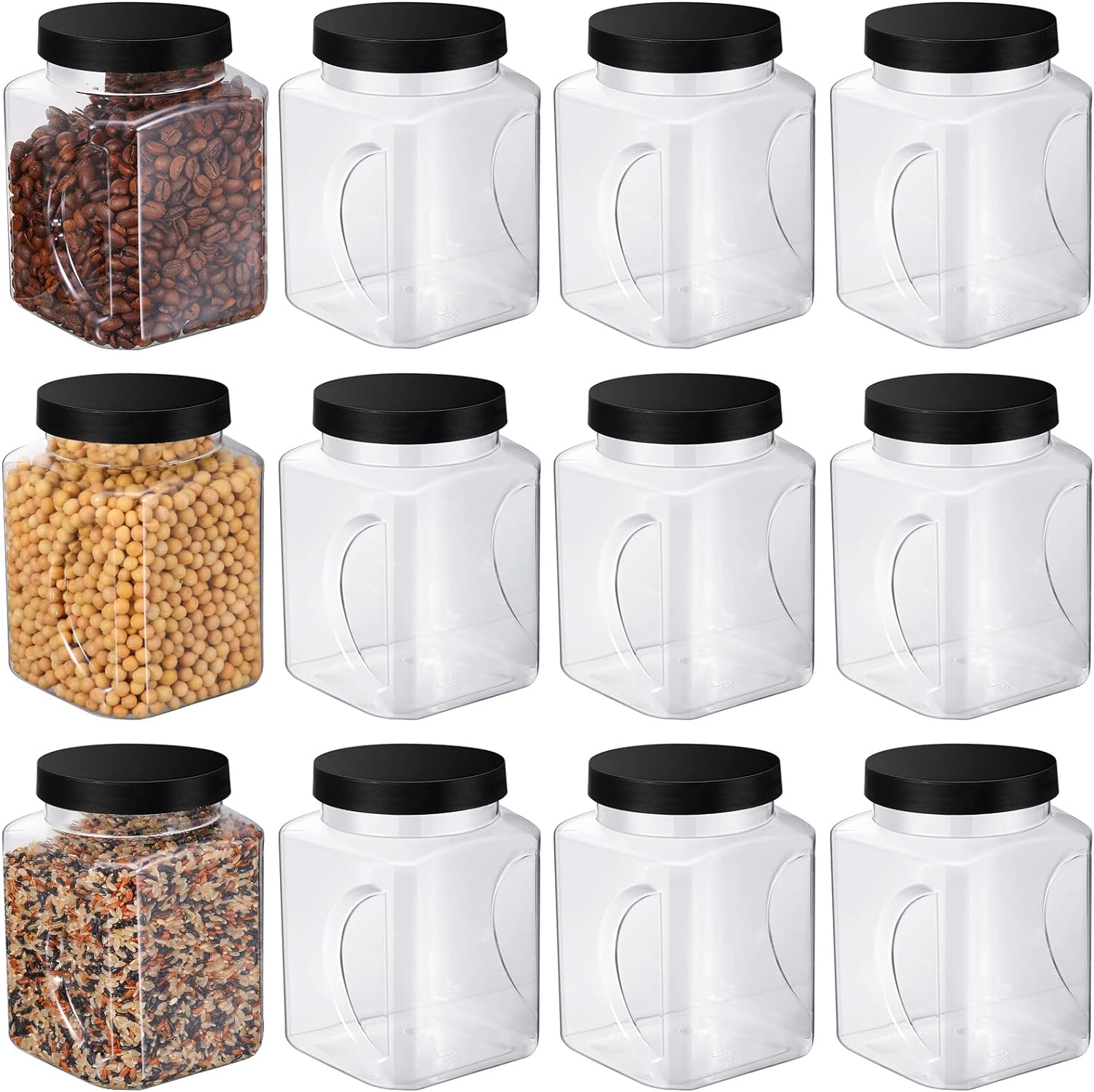 Gerrii 12 Pack 32 Oz Plastic Jar with Lid Bulk 1/4 Gallon Clear Grip Storage Containers Clear Grip Jars Empty Wide Mouth Containers Household Dried Food Canisters for Kitchen Honey Candy, Black Lid