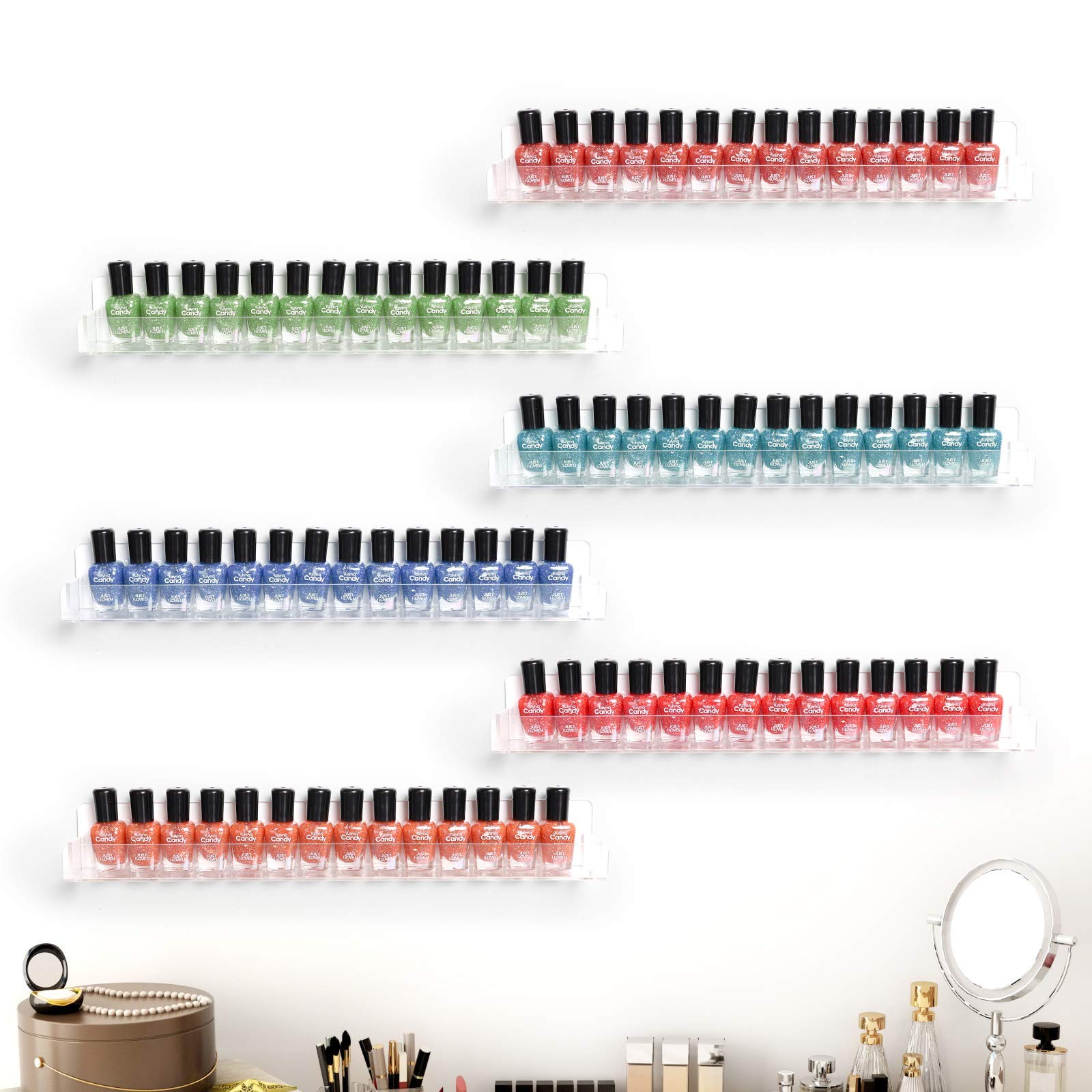 Estantes acrílicos para esmalte de uñas, soporte para montaje en pared, organizador de pintura, estante de almacenamiento transparente, paquete de 6 estantes colgantes para esmalte de uñas 7