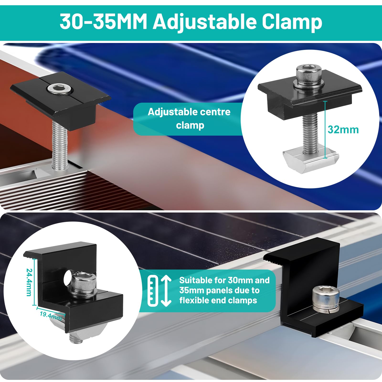EXLECO 6 x 30 cm Solar Halterung Flachdach Montageset Balkonkraftwerk Halterung Solarmodul Flachdachhalterung Photovoltaik Montageschiene Solarpanel Befestigung mit Endklemmen Mittelklemmen 35mm 30mm
