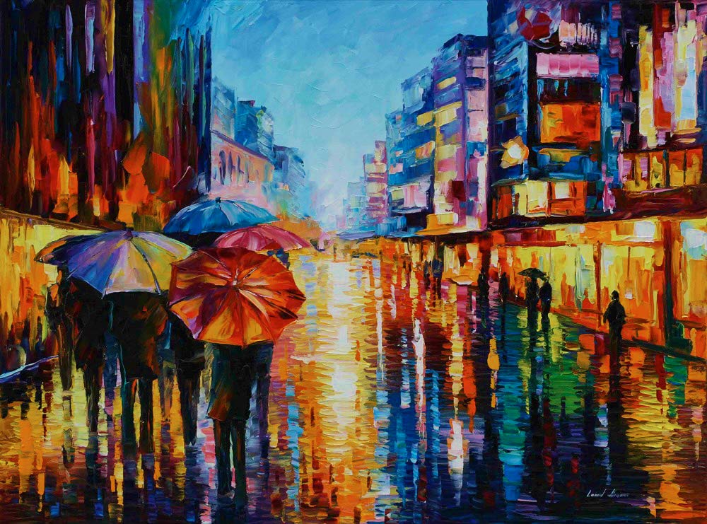 Night Umbrellas — Limited Edition Figures In The City Rainy Wall Art Interior Print On Canvas By Leonid Afremov