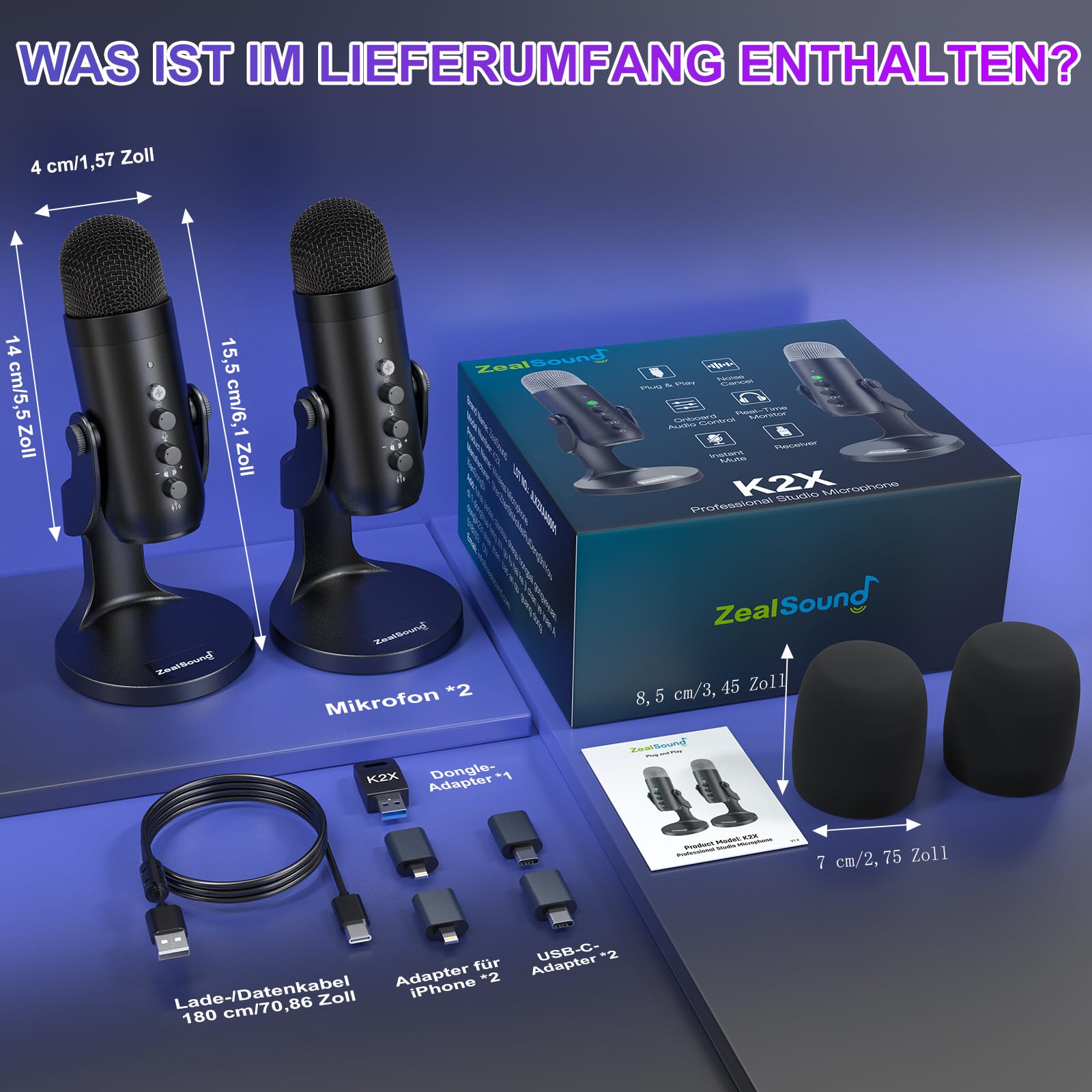 zealsound 2-in-1 Wireless USB Mikrofon für Podcast Interviews, Dual-Live Stream, Aufnahmen, Gaming-Co-Kommentare, YuTuber, Dual 2.4GHz Drahtloses Mikrofone Plug & Play für PC, Handy, iPhone