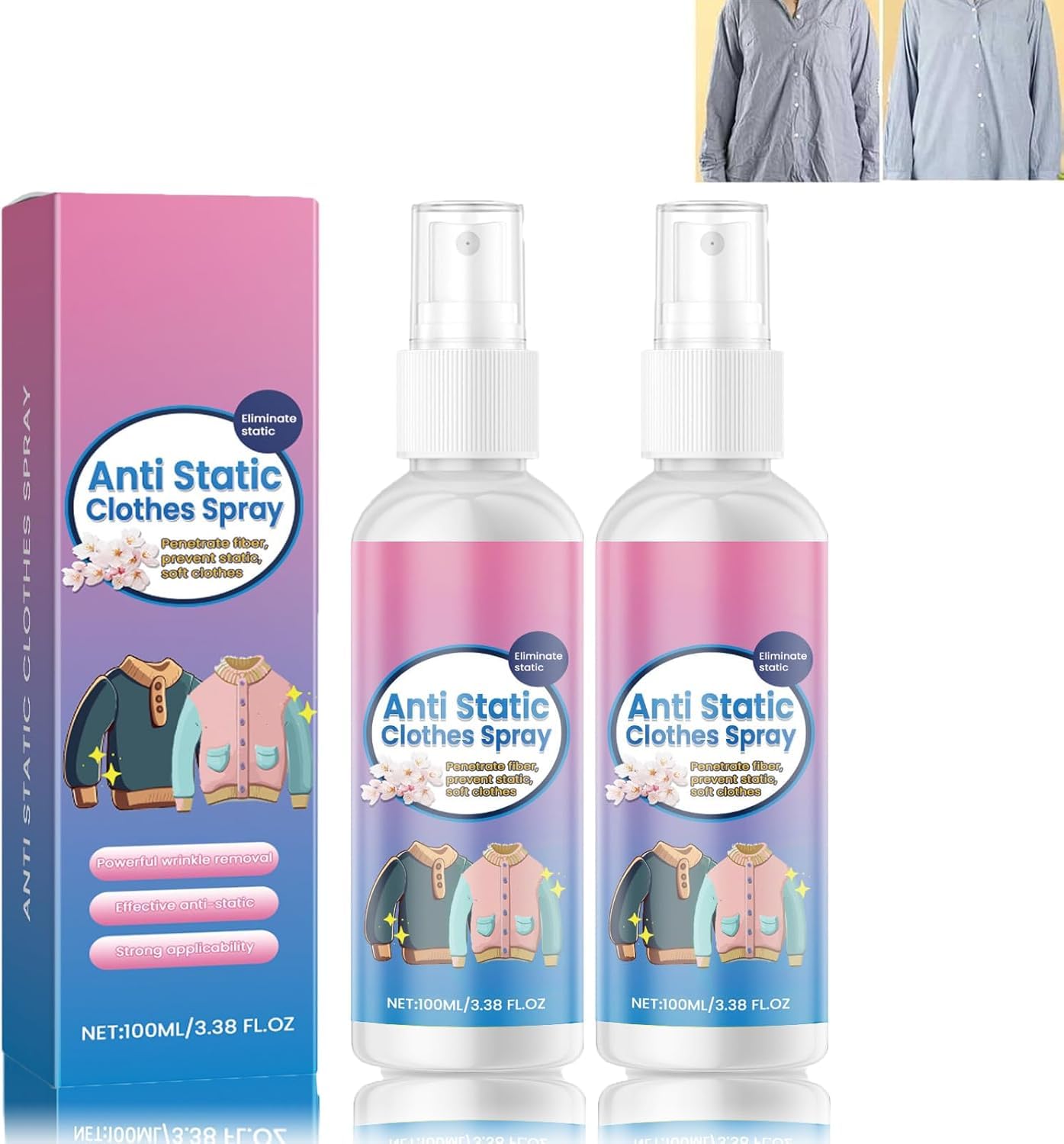 2 Pièces Sprays Antistatique Vêtements,Spray Antistatique 100ml,Anti Static Spray,Sprays Antistatiques,Élimine Statique Vêtements,Pour Réduit L'électricité Statique Sur Les Textile,Voiture