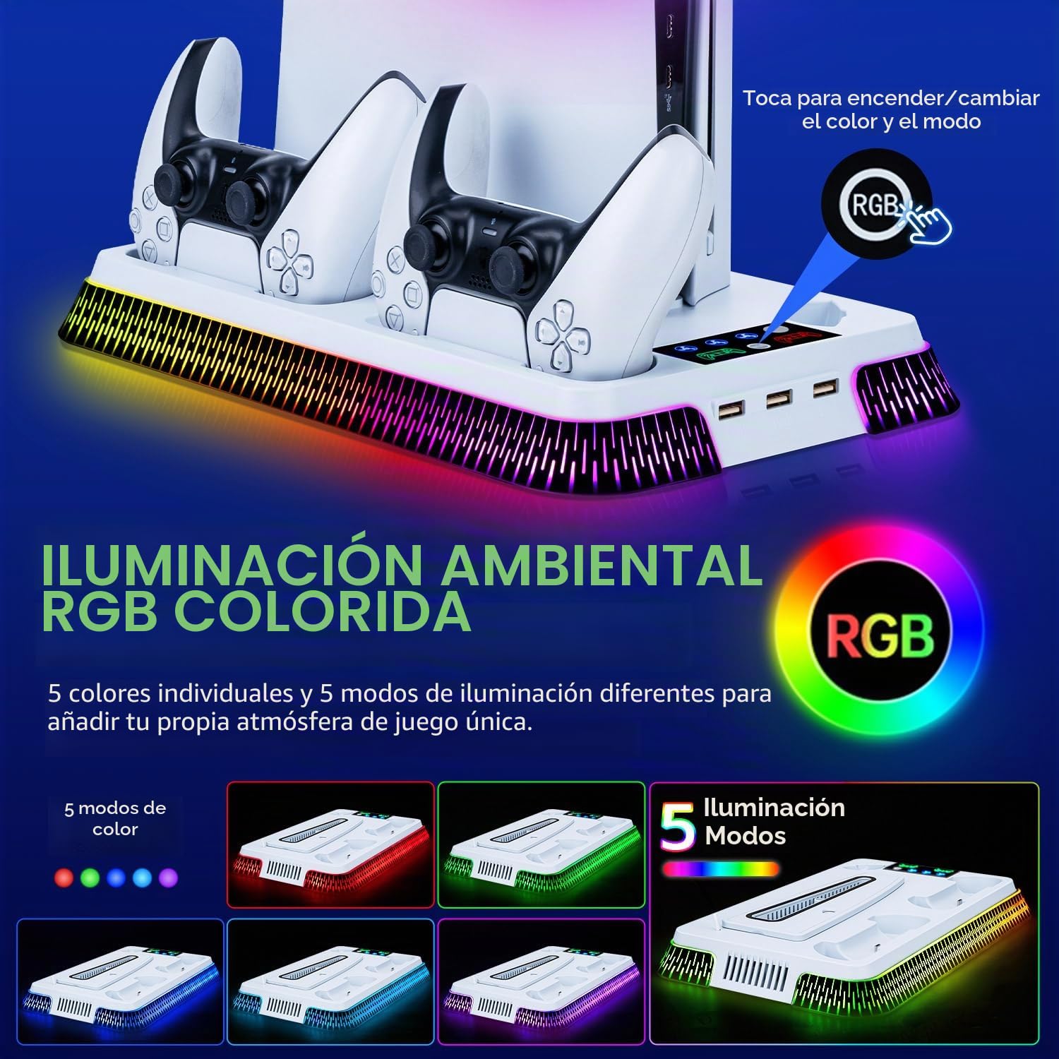 Soporte para PS5 / Slim / PS5 Pro, estación de RGB de refrigeración con Carga de Doble Mando, Ventilador de refrigeración de 3 velocidades con Auriculares y 3 Puertos USB - Blanco