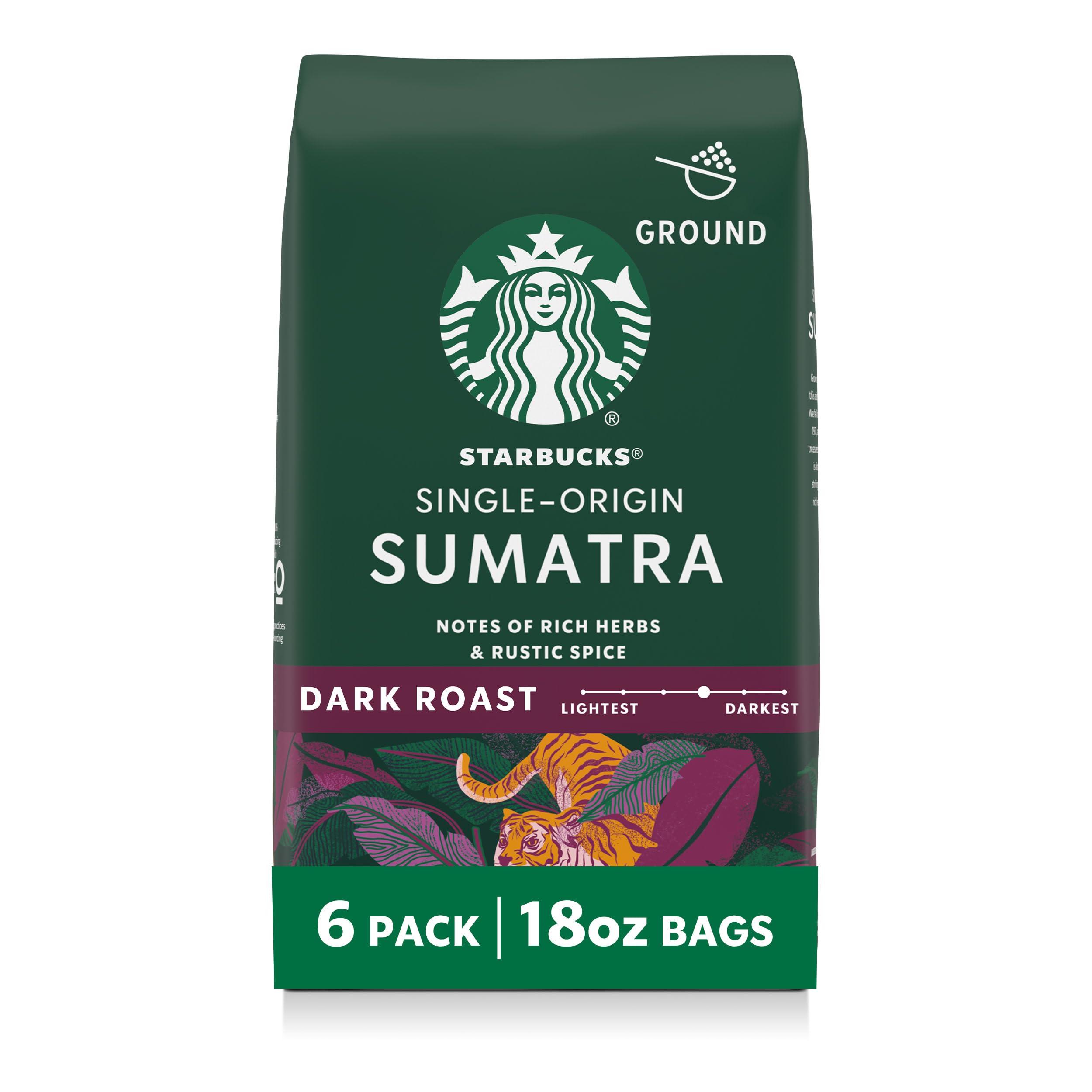 Starbucks Ground Coffee, Dark Roast Hot or Iced Coffee, Single-Origin Sumatra, Six 18 oz Bags | Arabica ground coffee; Dark Roast Single-Origin Sumatra; 6 bags, 18 oz each (108 oz total) Sumatra 18 Ounce (Pack of 6)