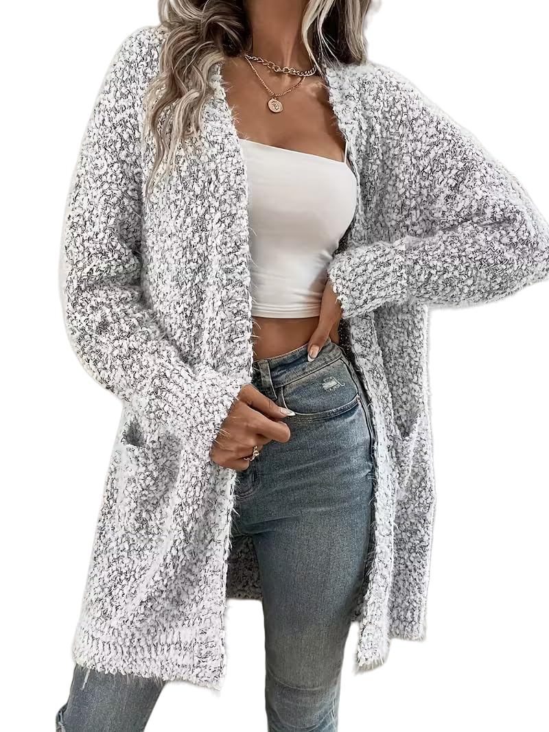 Fuzzy Long Cardigan Sweater Popcorn Knit Open Front Gray