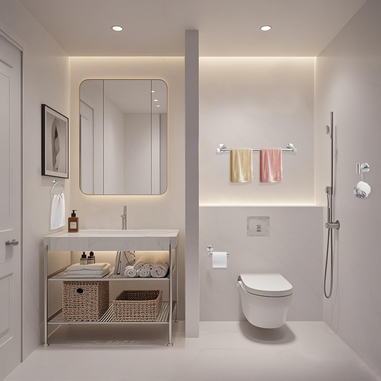 10pcs Brushed Nickel Bathroom Hardware Set, Including 2pcs 24in Retractable Hand Single Towel Bar with 2pcs Toilet Paper Holders, 2pcs Towel Rings 4pcs Multifunctional Robe Hooks