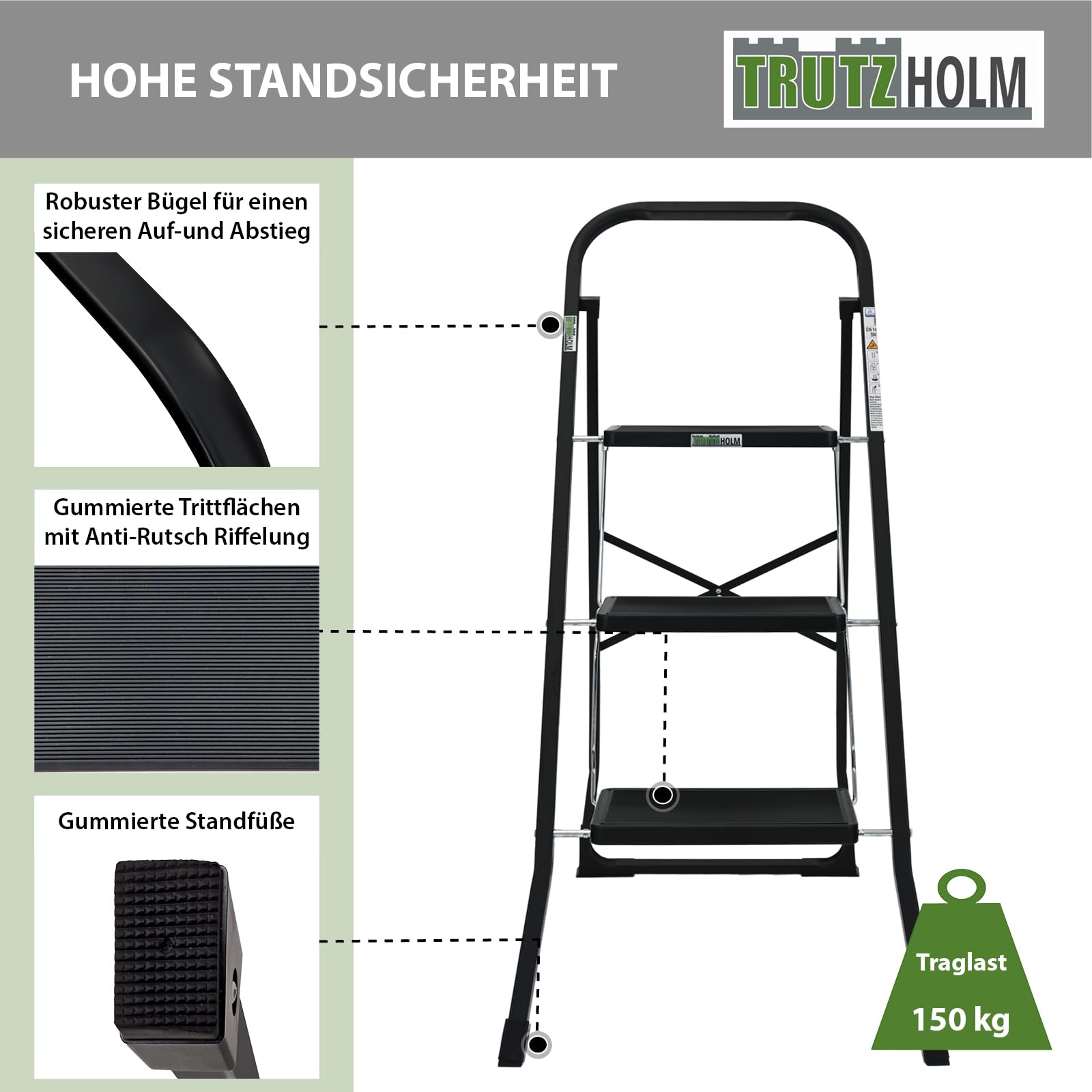 TRUTZHOLM Trittleiter 2 oder 3 Stufen klappbar TÜV/GS Zertifiziert 150 kg Klappleiter Anti-Rutsch Trittflächen & Sicherheitsverriegelung Klapptritt Haushaltstritt Stahl Leiter (Schwarz, 3 Stufen)