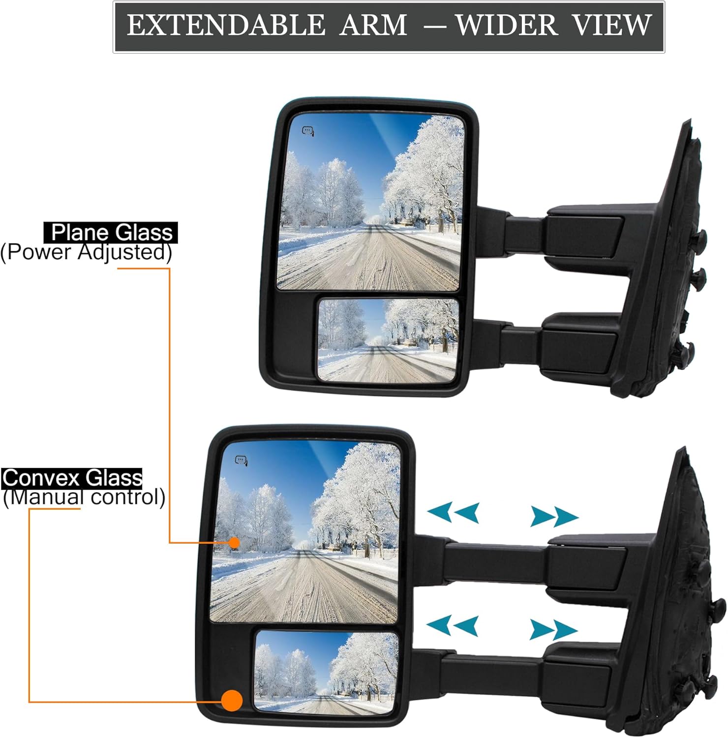 ReYee A Pair of Towing Mirrors fit for 2008-2016 Ford F250 F350 F450 F550 Super Duty Manual Telescopic Power Heated with Smoky Color Turn Signal Light Temperature Sensor Auxiliary Light Black Cap