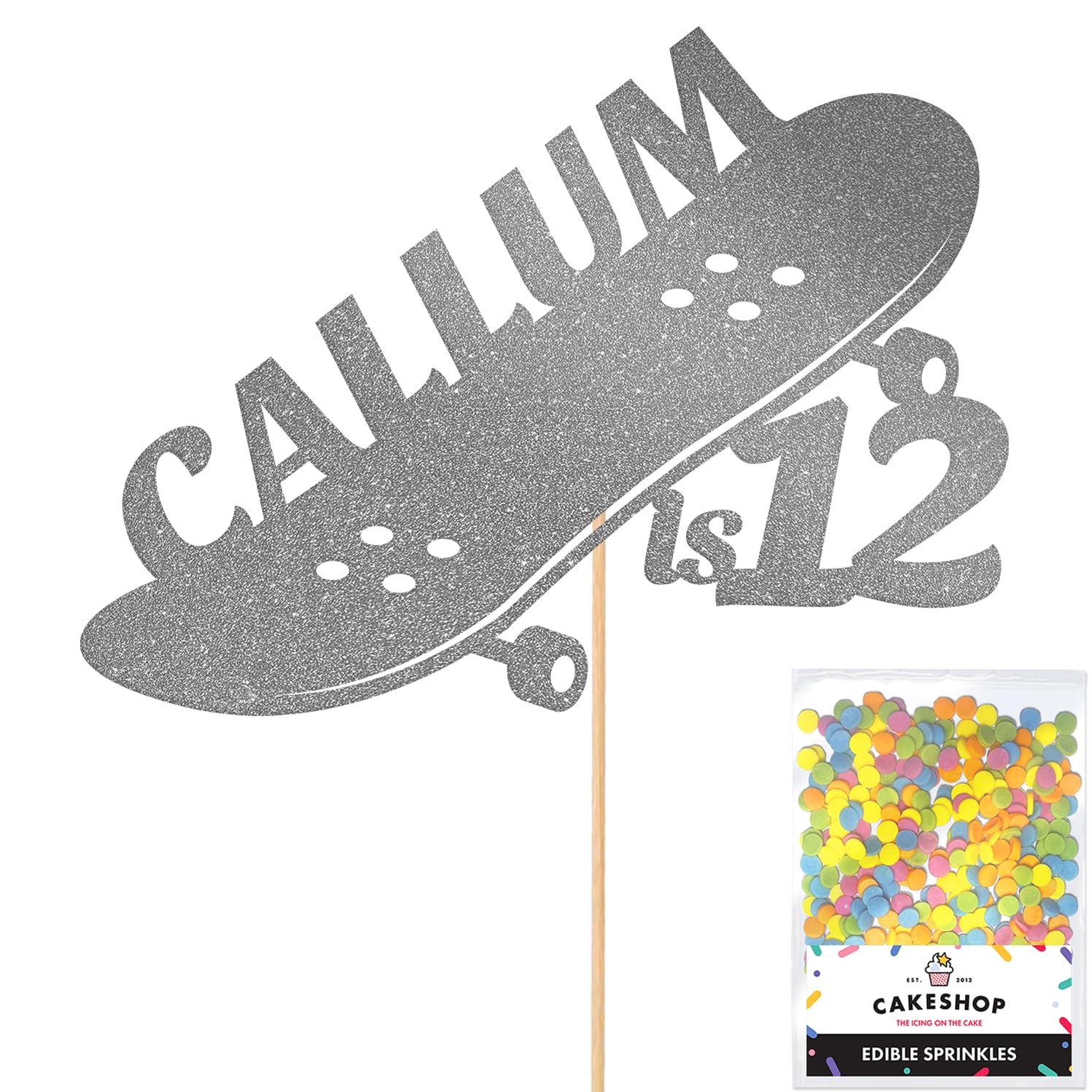 Personalised Skateboard Skater Glitter Cake Topper- Dark Silver Any Custom Age & Name Glitter Cake Decoration and Sprinkles - Happy Birthday Decorations - Personalised Toppers for Cakes by Cakeshop — image 1