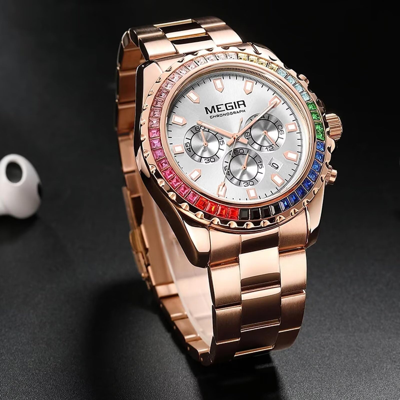 FORSINING Reloj analógico de cuarzo para hombre, esfera de diamante de color de lujo, cronógrafo, casual, reloj de pulsera de acero inoxidable, vestido de negocios, resistente al agua