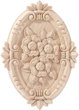 1PC Hand Wooden Carved Appliques Onlays Oval Carving Applique Wood Carving Decal Wood Applique for Bed Door Cabinet Mirror Fireplace Wardrobe Furniture Decoration01,13x9cm/5.12"x3.54"