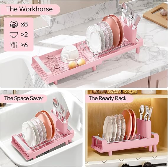 KINGRACK Small Expandable Dish Drainer Rack, Pink