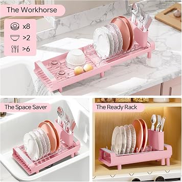 KINGRACK Small Expandable Dish Drainer Rack, Pink