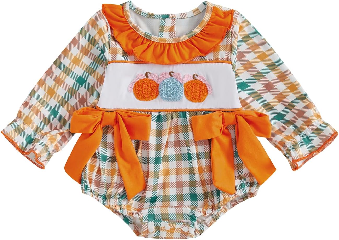 Engofs Baby Girl Halloween Outfit Long Sleeve Pumpkin Smocked Plaid Romper Fall Winter Clothes