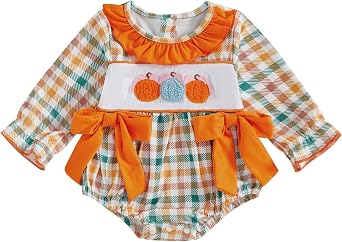 Baby Girl Halloween Embroidered Pumpkin Plaid Onesie